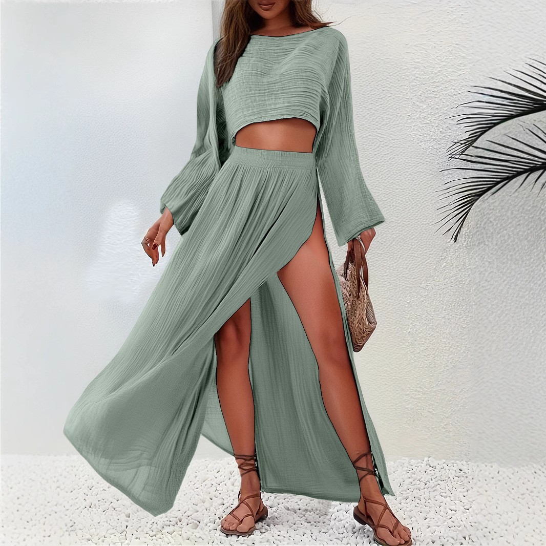 Crop Blouse Linen - 여름 여성용 수트 블라우스 투피스 세트