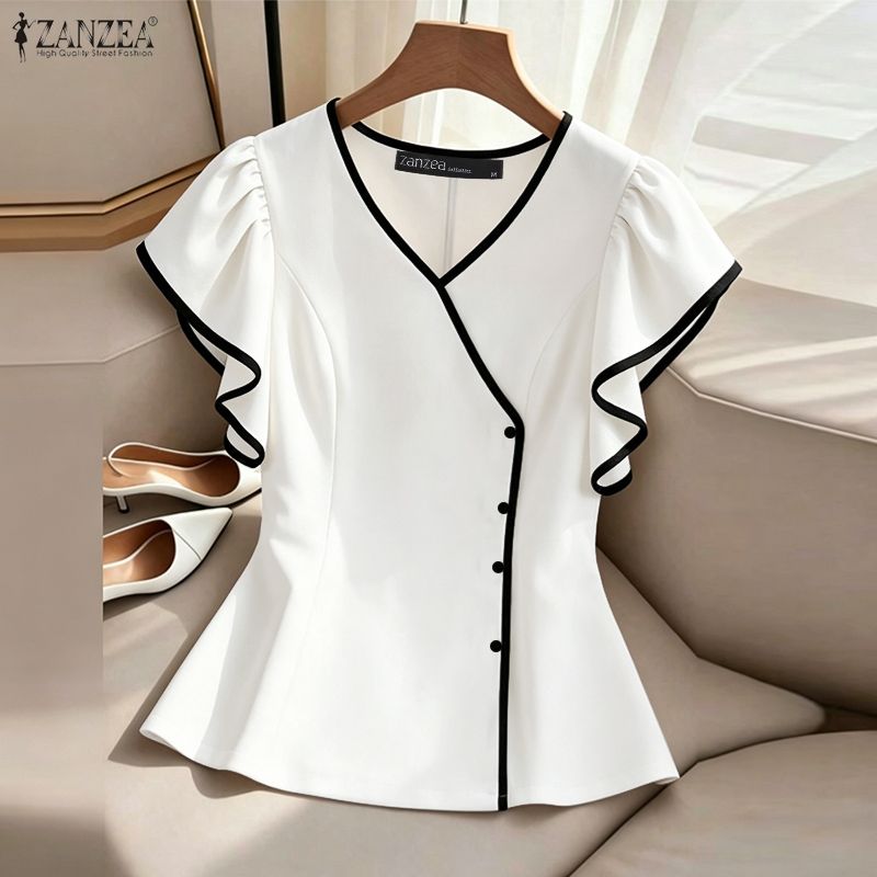 Summer Clothing Wear - ZANZEA 여성 우아한 대비 트림 블라우스