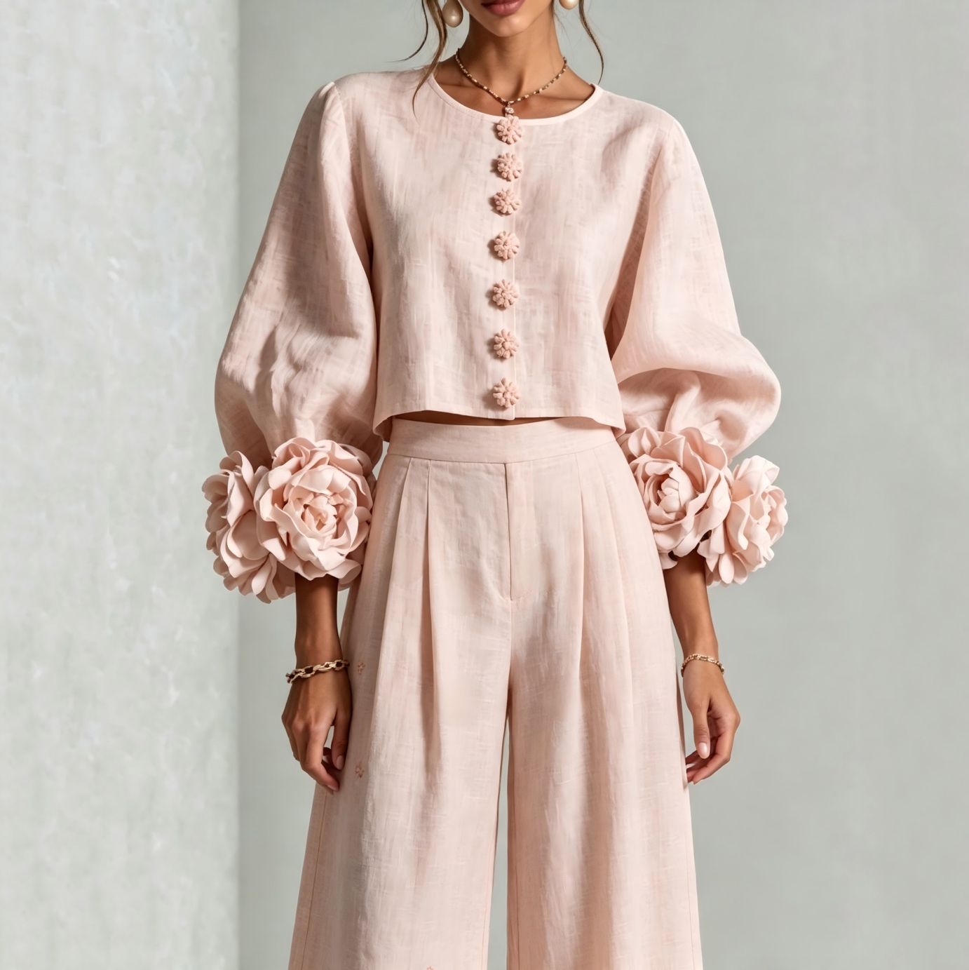 Crop Blouse Linen - 여성 린넨 크롭탑 투피스 세트 O넥