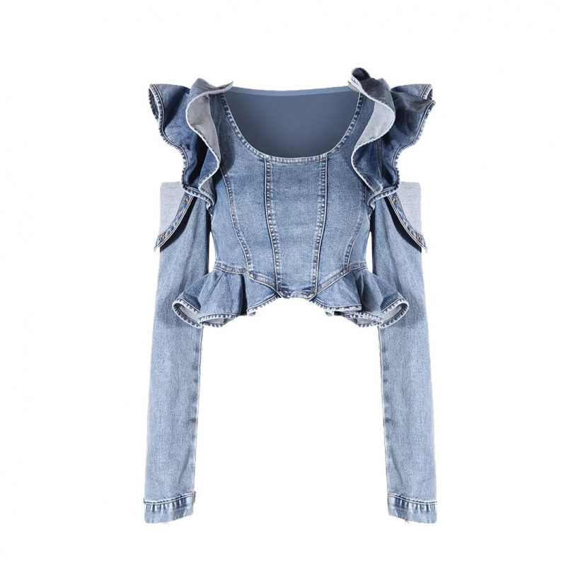 Crop Blouse Linen - 섹시한 오프숄더 러플 데님 블라우스 슬림핏