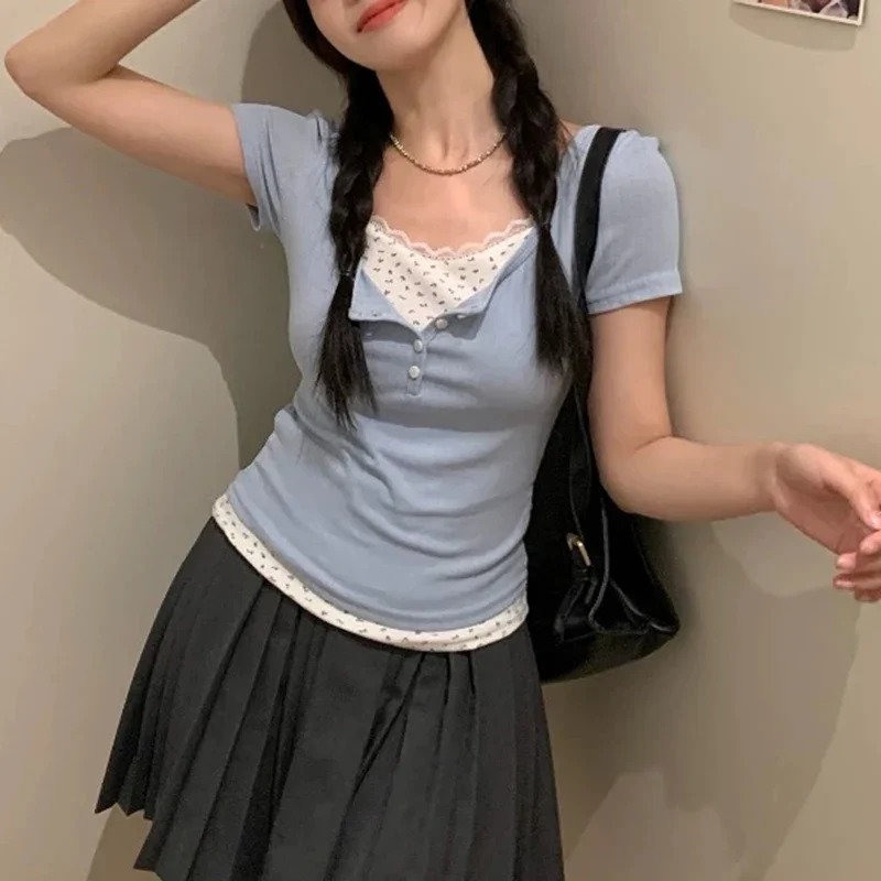 Crop Blouse Linen - 여성용 달콤한 레이스 트림 골지 니트