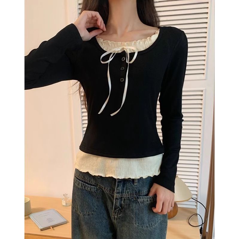 Crop Blouse Linen - 가을 카와이 스위트 Y2k 크롭탑 여성
