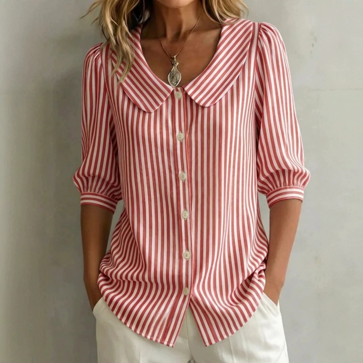 Crop Blouse Linen - 여성용 블라우스 반팔 스트라이프 리넨룩 블라우스