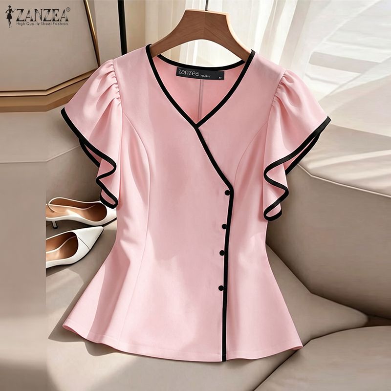 ZANZEA 여성 우아한 대비 트림 블라우스 여름 V  - Summer Clothing Wear 리뷰 및 가격
