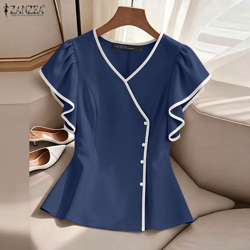 ZANZEA 여성 우아한 대비 트림 블라우스 여름 V  - Summer Clothing Wear 리뷰 및 가격
