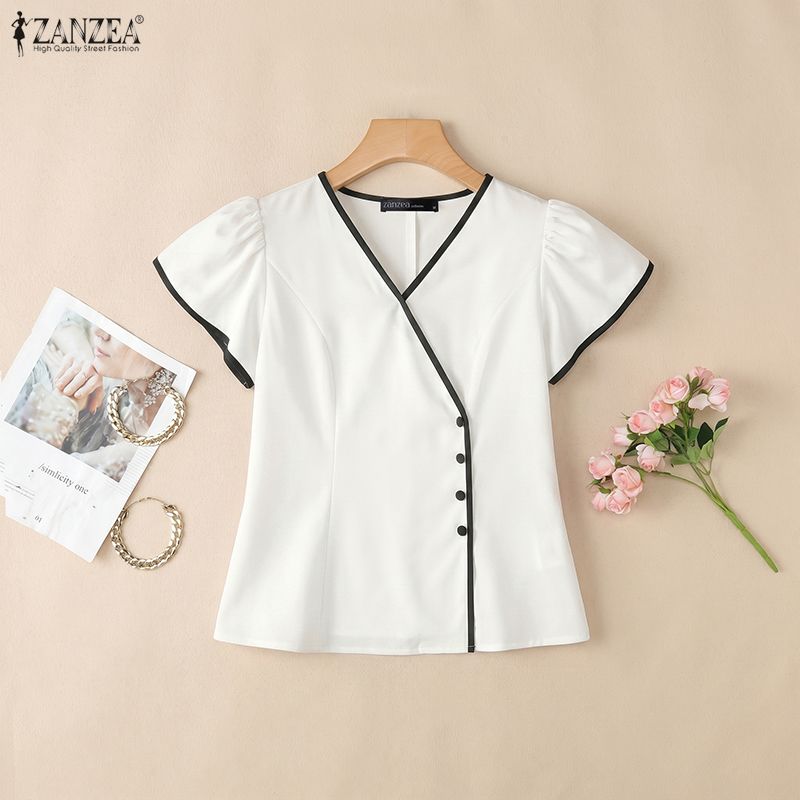 ZANZEA 여성 우아한 대비 트림 블라우스 여름 V  - Summer Clothing Wear 리뷰 및 가격