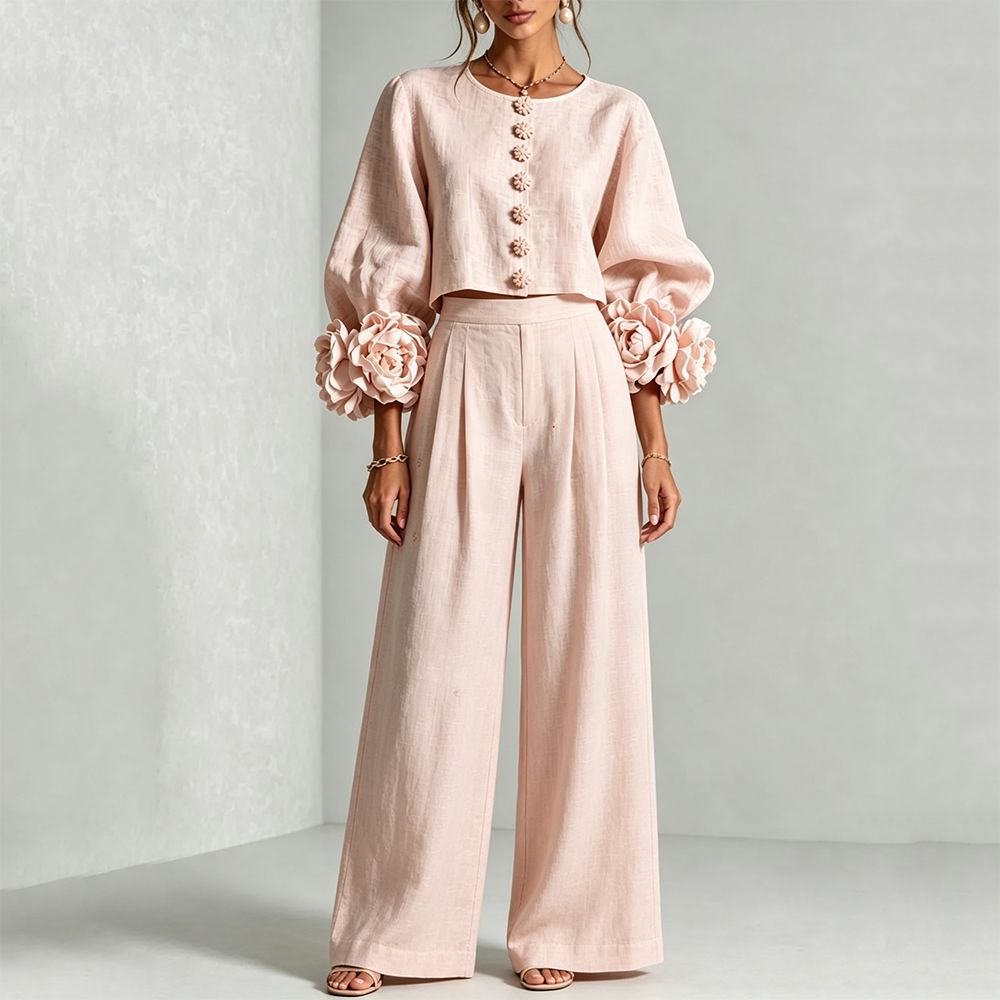 여성 린넨 크롭탑 투피스 세트 O넥 퍼프 롱 슬리브 3 - Crop Blouse Linen 리뷰 및 가격