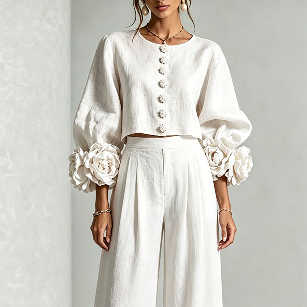 여성 린넨 크롭탑 투피스 세트 O넥 퍼프 롱 슬리브 3 - Crop Blouse Linen 리뷰 및 가격