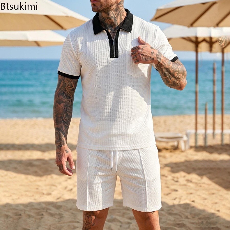 남성 와플 칼라 폴로 반팔 반바지 세트 비치 휴가 캐주 - Summer Clothing Wear 리뷰 및 가격
