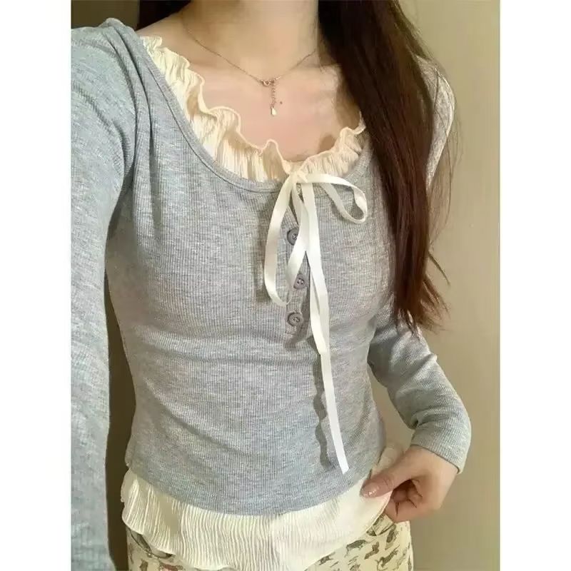 가을 카와이 스위트 Y2k 크롭탑 여성 캐주얼 슬림 긴 - Crop Blouse Linen 리뷰 및 가격