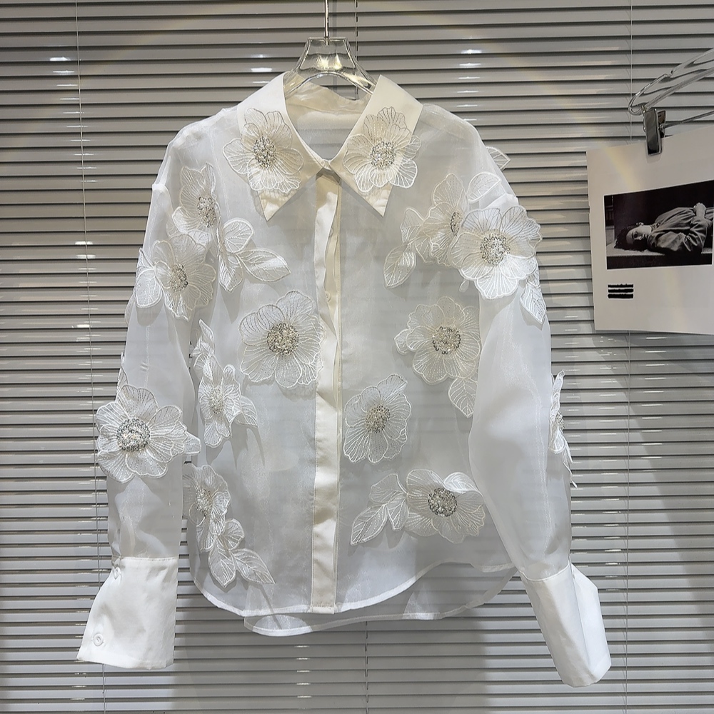 봄 스팽글 3D 꽃 메쉬 스플 라이스 진주 페르시 셔츠 - Crop Blouse Linen 리뷰 및 가격
