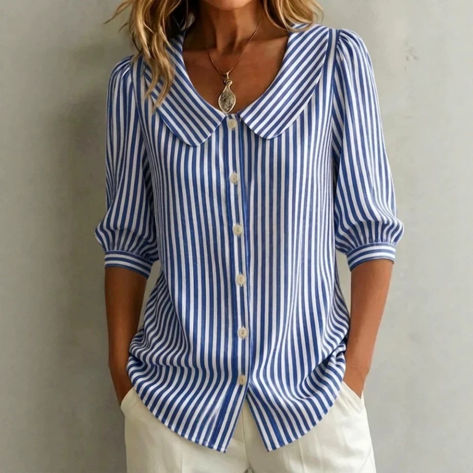 여성용 블라우스 반팔 스트라이프 리넨룩 블라우스 루즈핏 - Crop Blouse Linen 리뷰 및 가격