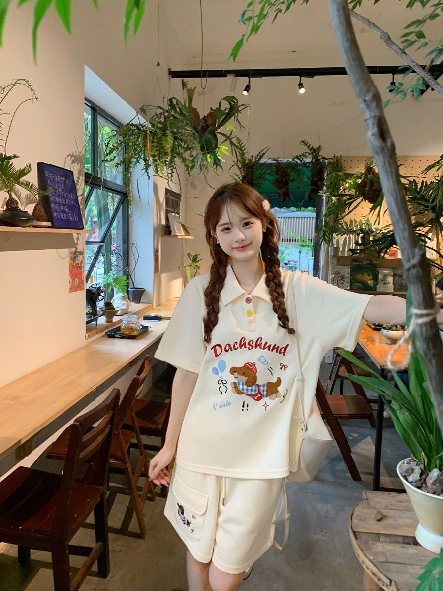 카와이 자수 개 일본 스타일 폴로 셔츠 2 피스 세트  - Summer Dog Clothing 리뷰 및 가격