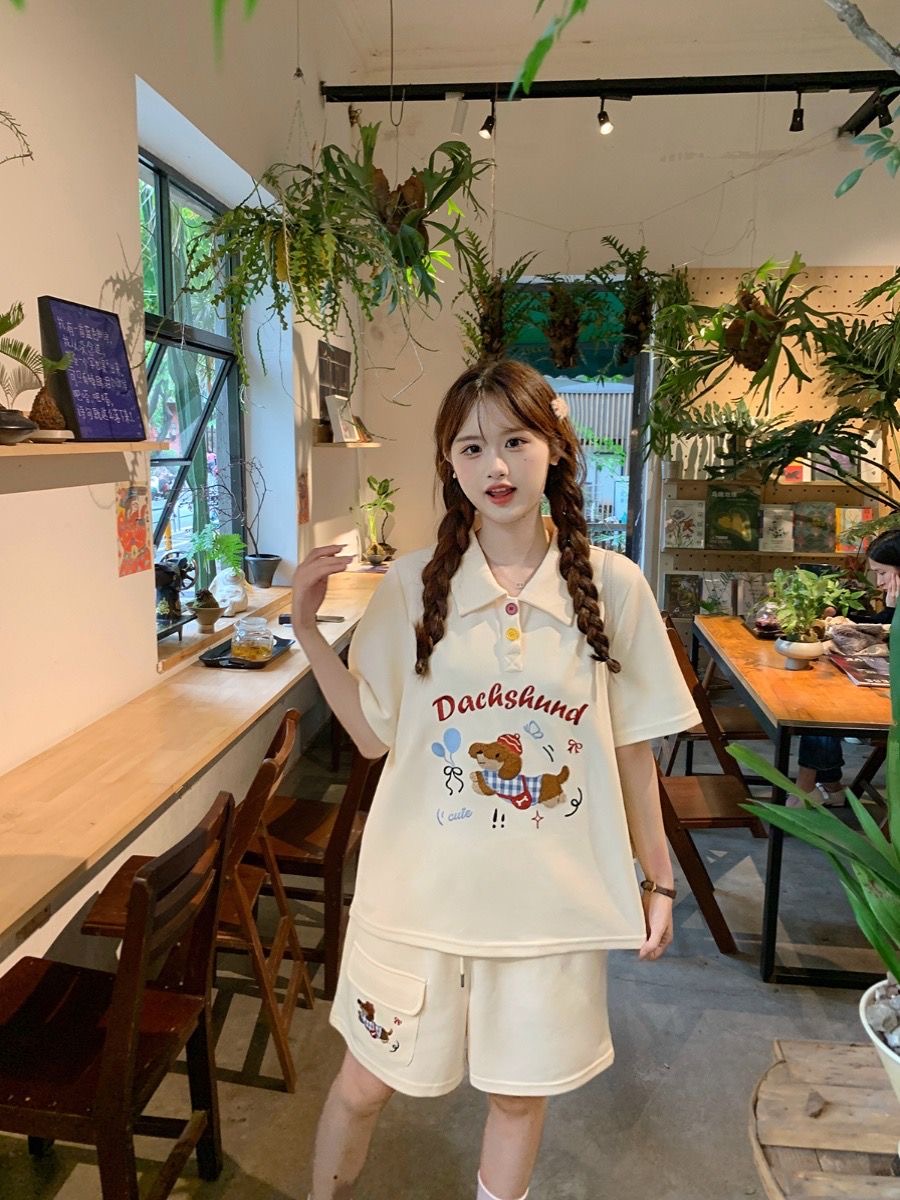 카와이 자수 개 일본 스타일 폴로 셔츠 2 피스 세트  - Summer Dog Clothing 리뷰 및 가격